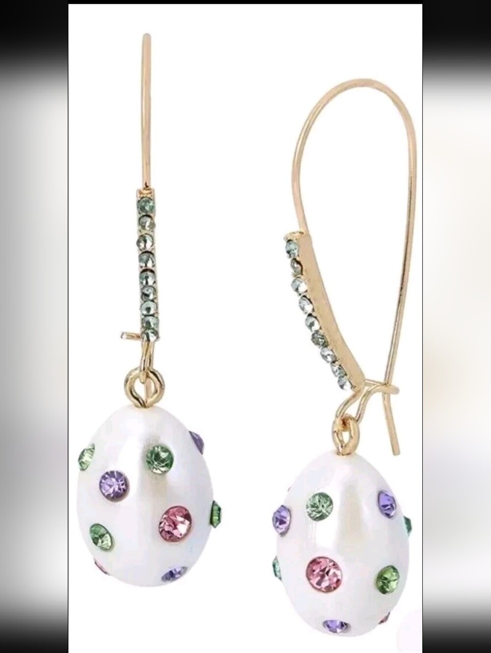 Betsey Johnson Pearl Egg Drop Earrings with Multicolor Crystal Accents - Picture 4 of 4